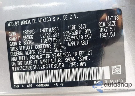 2019 Honda Hr-V Sport из США, поврежденный, VIN 3CZRU5H12KG706059